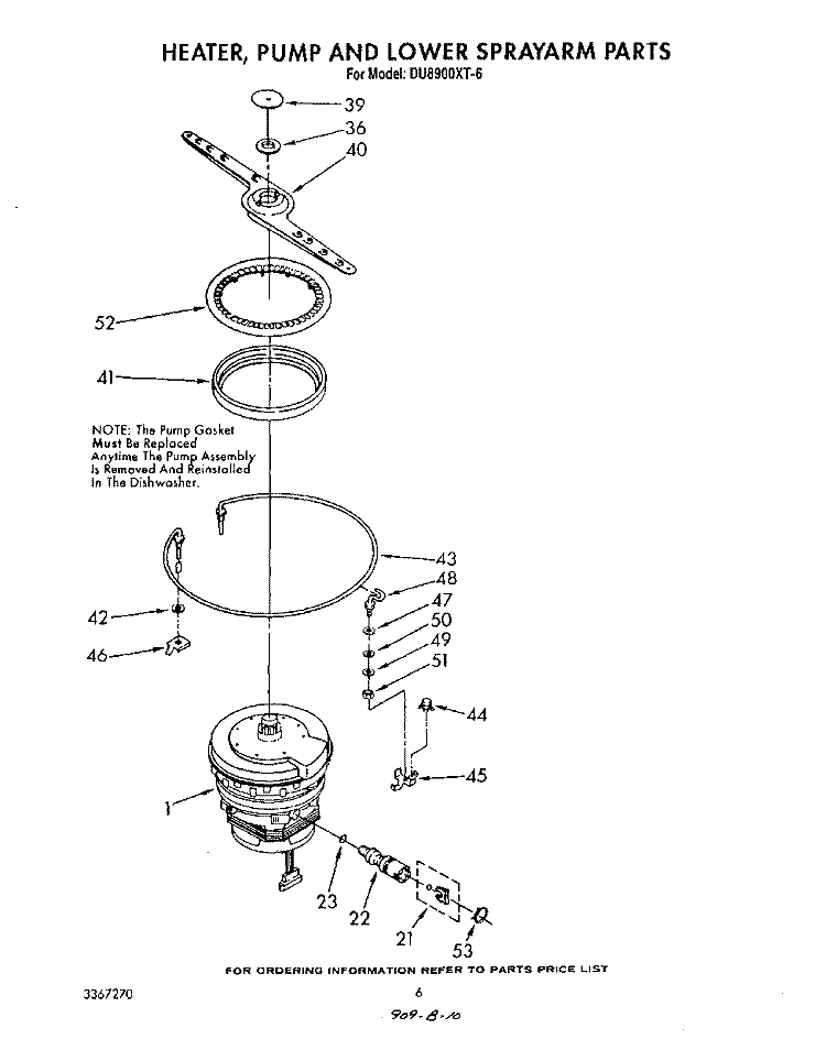 HEATER, PUMP AND LOWER SPRAY ARM Diagram and Parts List for DU8900XT6  Whirlpool Dishwasher