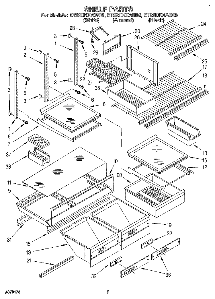 SHELF, LIT/OPTIONAL Diagram and Parts List for ET22DKXAW03  Whirlpool Refrigerator