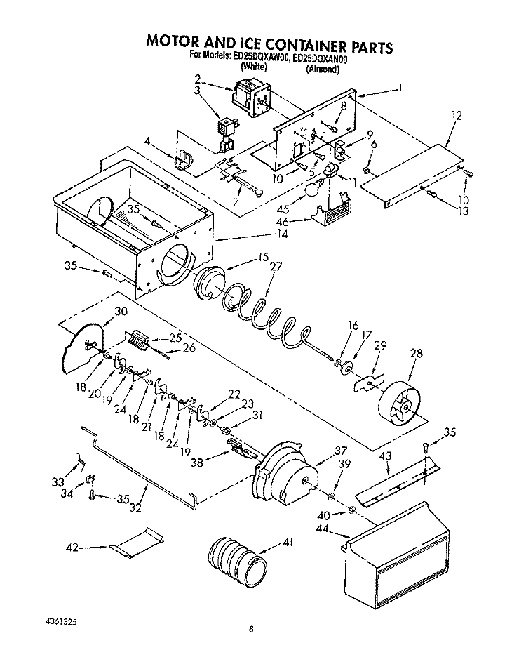 MOTOR AND ICE CONTAINER Diagram and Parts List for ED25DQXAW00  Whirlpool Refrigerator