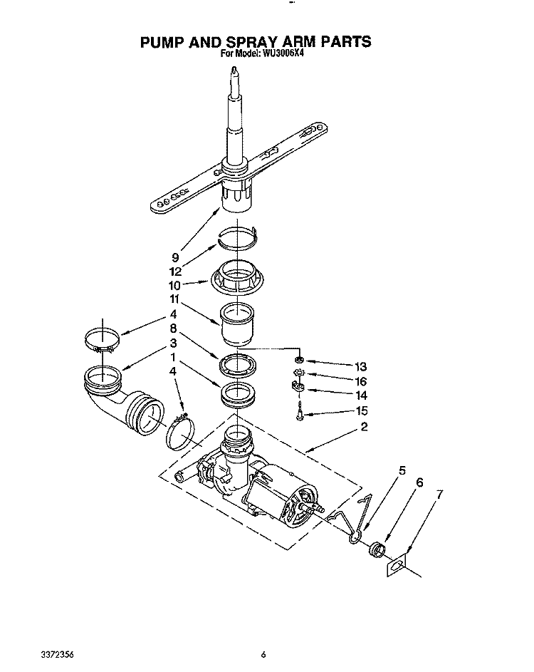 PUMP AND SPRAY ARM Diagram and Parts List for WU3006X4  Roper Dishwasher