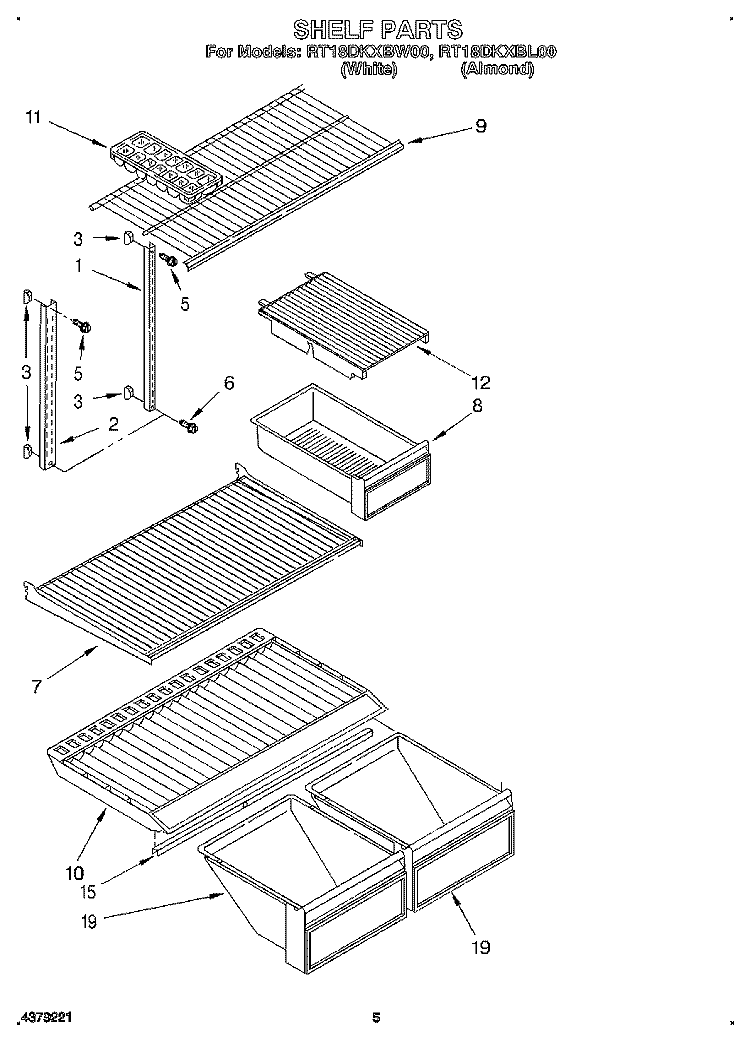SHELF Diagram and Parts List for RT18DKXBW00  Roper Refrigerator