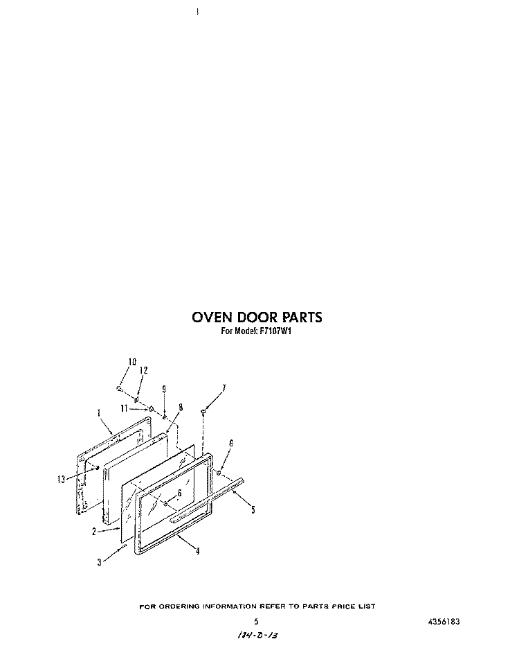 OVEN DOOR Diagram and Parts List for F7107W1  Roper Range