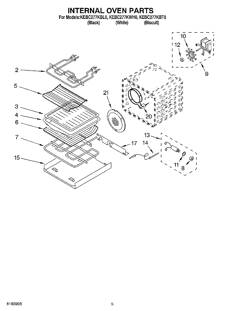 INTERNAL OVEN Diagram and Parts List for KEBC277KWH0  KitchenAid Wall Oven