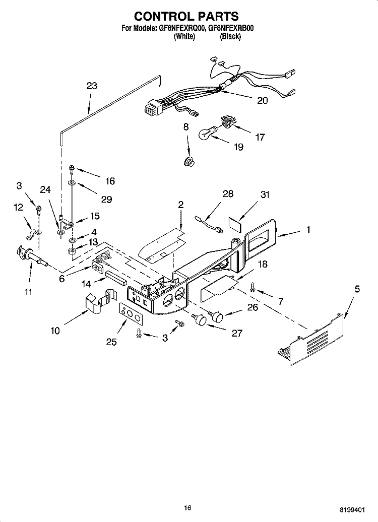 CONTROL PARTS Diagram and Parts List for GF6NFEXRQ00  Whirlpool Refrigerator