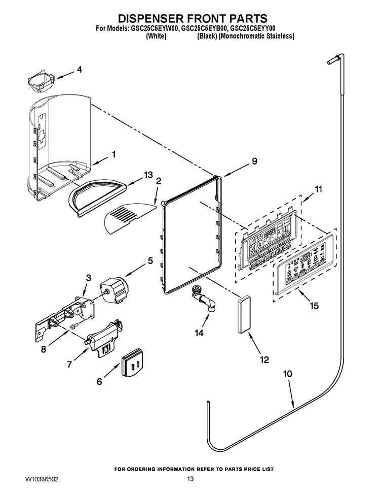 DISPENSER FRONT PARTS Diagram and Parts List for GSC25C5EYY00  Whirlpool Refrigerator