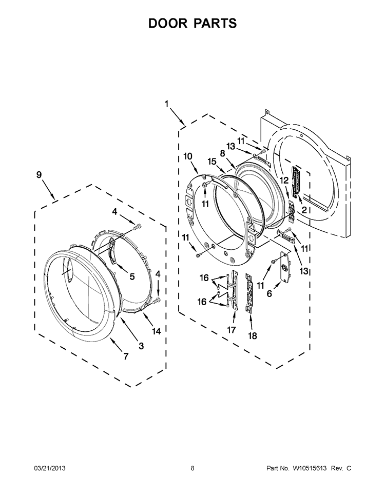 DOOR PARTS Diagram and Parts List for WGD96HEAW0  Whirlpool Dryer