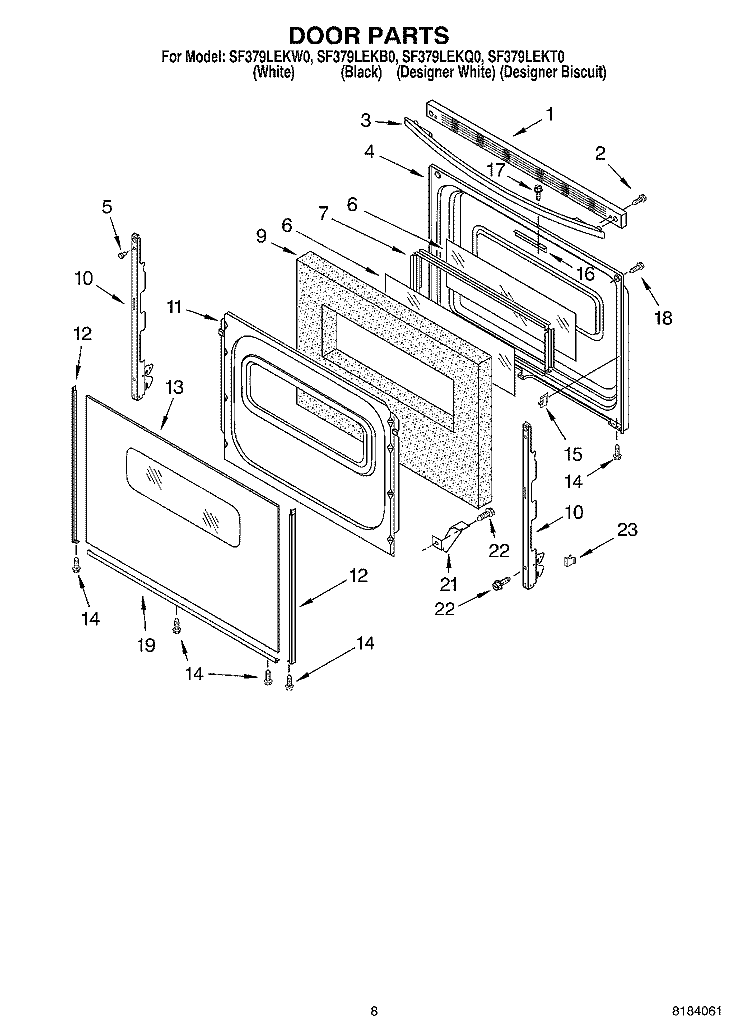 DOOR Diagram and Parts List for SF379LEKW0  Whirlpool Range