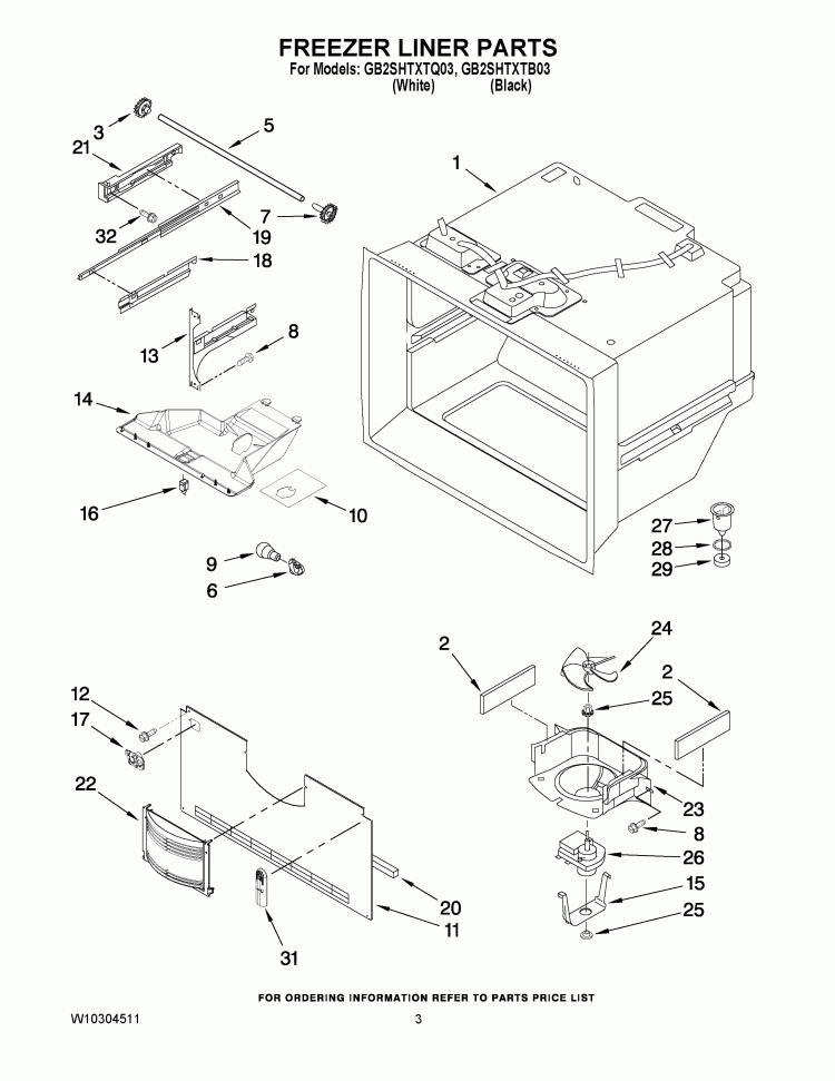 FREEZER LINER PARTS Diagram and Parts List for GB2SHTXTB03  Whirlpool Refrigerator