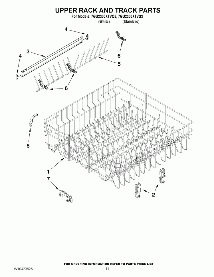 UPPER RACK AND TRACK PARTS Diagram and Parts List for 7GU2300XTVQ3  Whirlpool Dishwasher