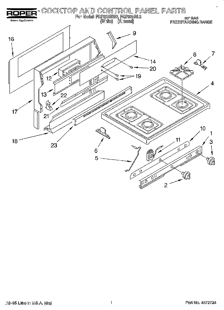 COOKTOP AND CONTROL PANEL, LITERATURE Diagram and Parts List for FGP335BL3  Roper Range