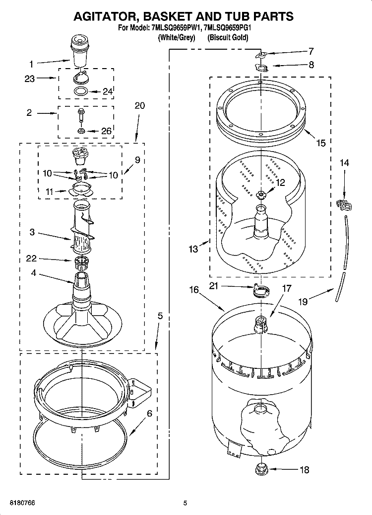 AGITATOR, BASKET AND TUB PARTS Diagram and Parts List for 7MLSQ9659PG1  Whirlpool Washer