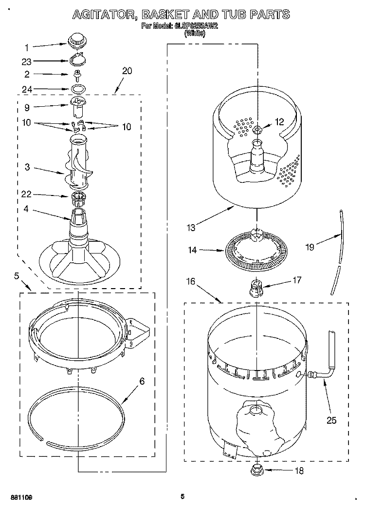 AGITATOR, BASKET AND TUB Diagram and Parts List for 6LSP8255AW2  Whirlpool Washer