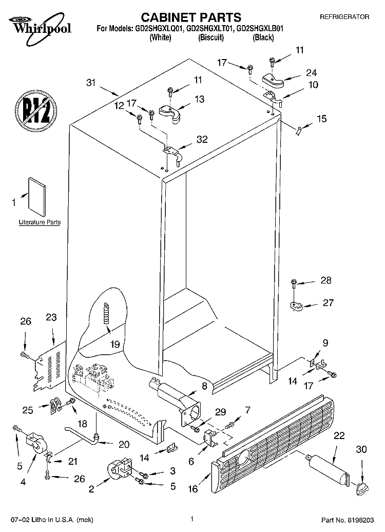 CABINET, LITERATURE Diagram and Parts List for GD2SHGXLQ01  Whirlpool Refrigerator
