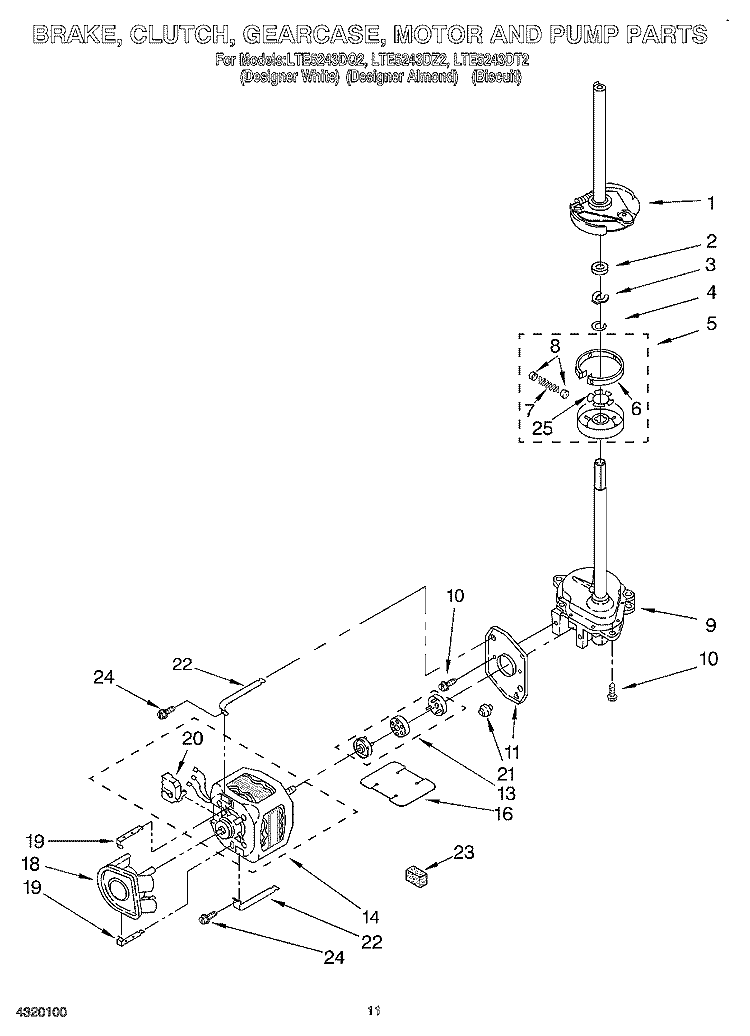 BRAKE, CLUTCH, GEARCASE, MOTOR AND PUMP Diagram and Parts List for LTE5243DQ2  Whirlpool Washer Dryer Combo