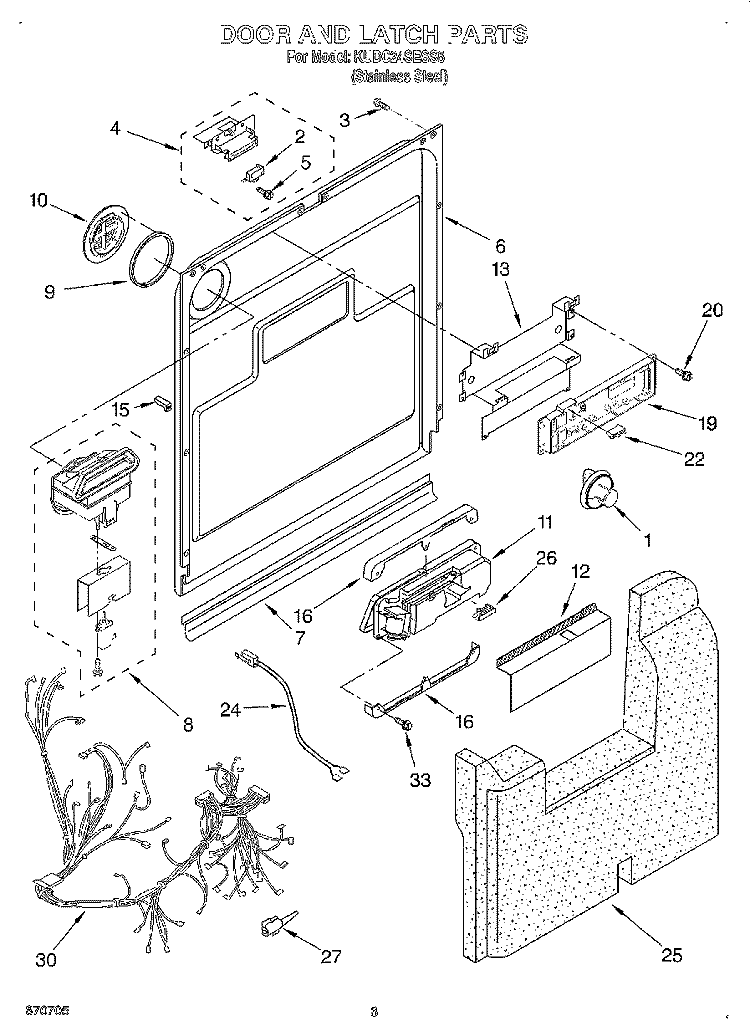 DOOR AND LATCH Diagram and Parts List for KUDC24SESS5  KitchenAid Dishwasher