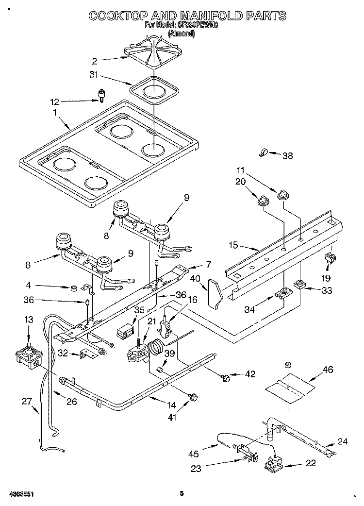 COOKTOP AND MANIFOLD, LITERATURE Diagram and Parts List for SF330PEWN8  Whirlpool Range