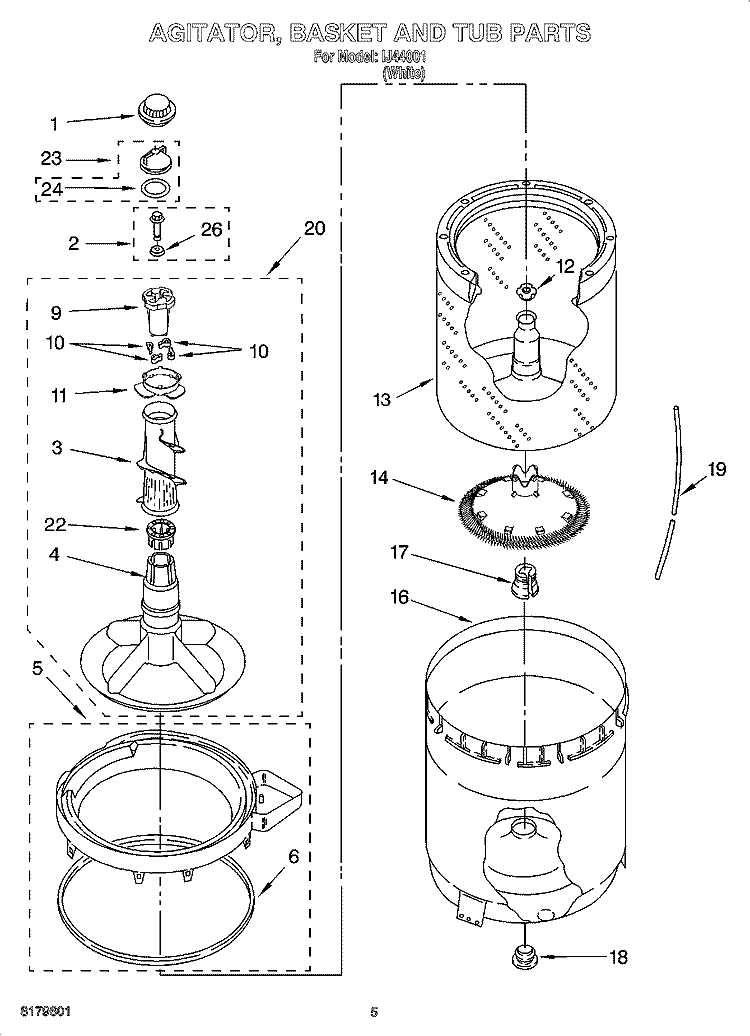 AGITATOR, BASKET AND TUB PARTS Diagram and Parts List for IJ44001  Inglis Washer