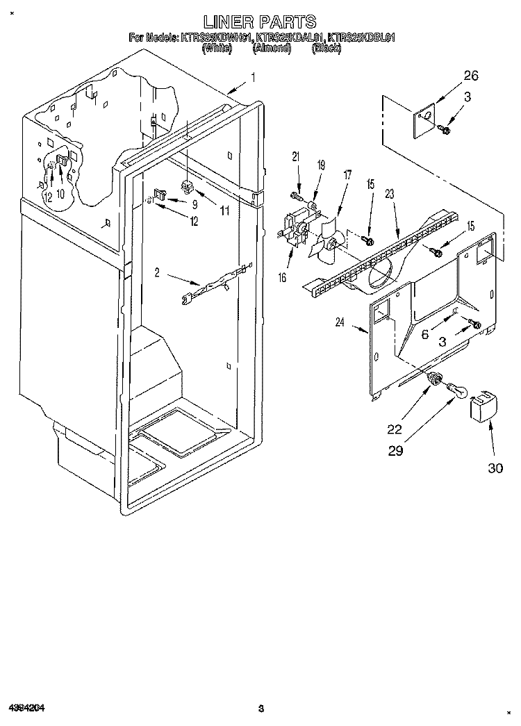 LINER Diagram and Parts List for KTRS25KDAL01  KitchenAid Refrigerator