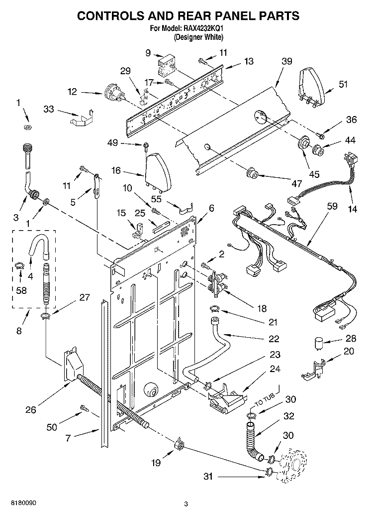 CONTROL AND REAR PANEL PARTS Diagram and Parts List for RAX4232KQ1  Roper Washer