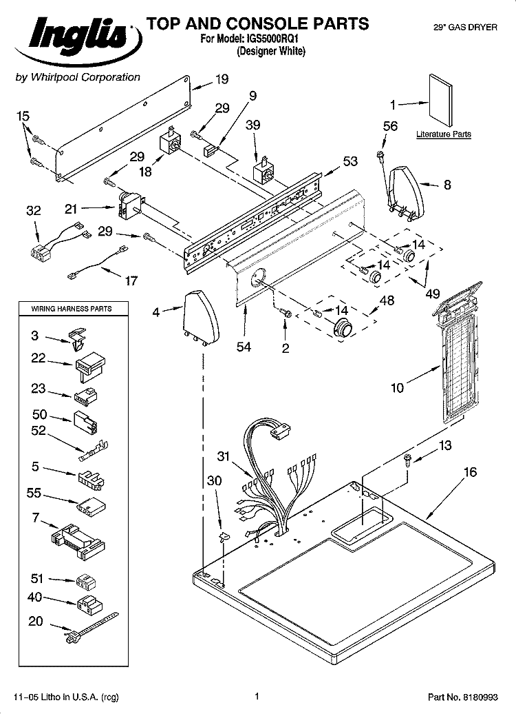 TOP AND CONSOLE PARTS Diagram and Parts List for IGS5000RQ1  Inglis Dryer