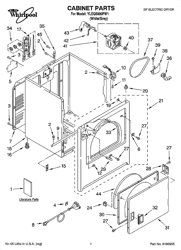 CABINET PARTS Diagram and Parts List for YLEQ5000PW1  Whirlpool Dryer
