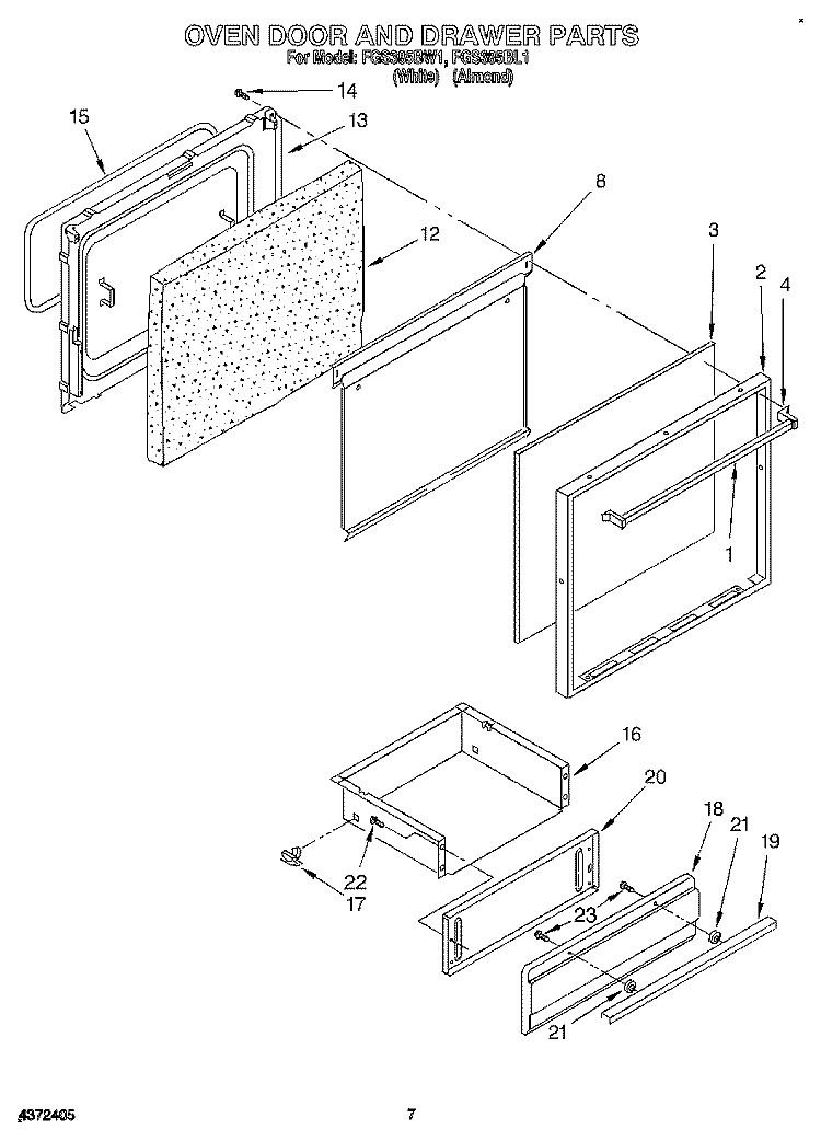 OVEN DOOR AND DRAWER Diagram and Parts List for FGS385BL1  Roper Range