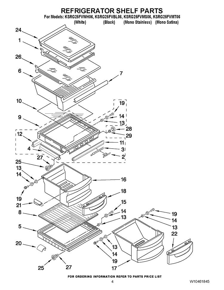 REFRIGERATOR SHELF PARTS Diagram and Parts List for KSRG25FVWH06  KitchenAid Refrigerator
