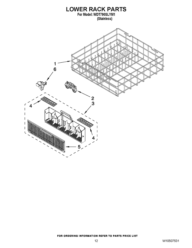 LOWER RACK PARTS Diagram and Parts List for WDT790SLYM1  Whirlpool Dishwasher