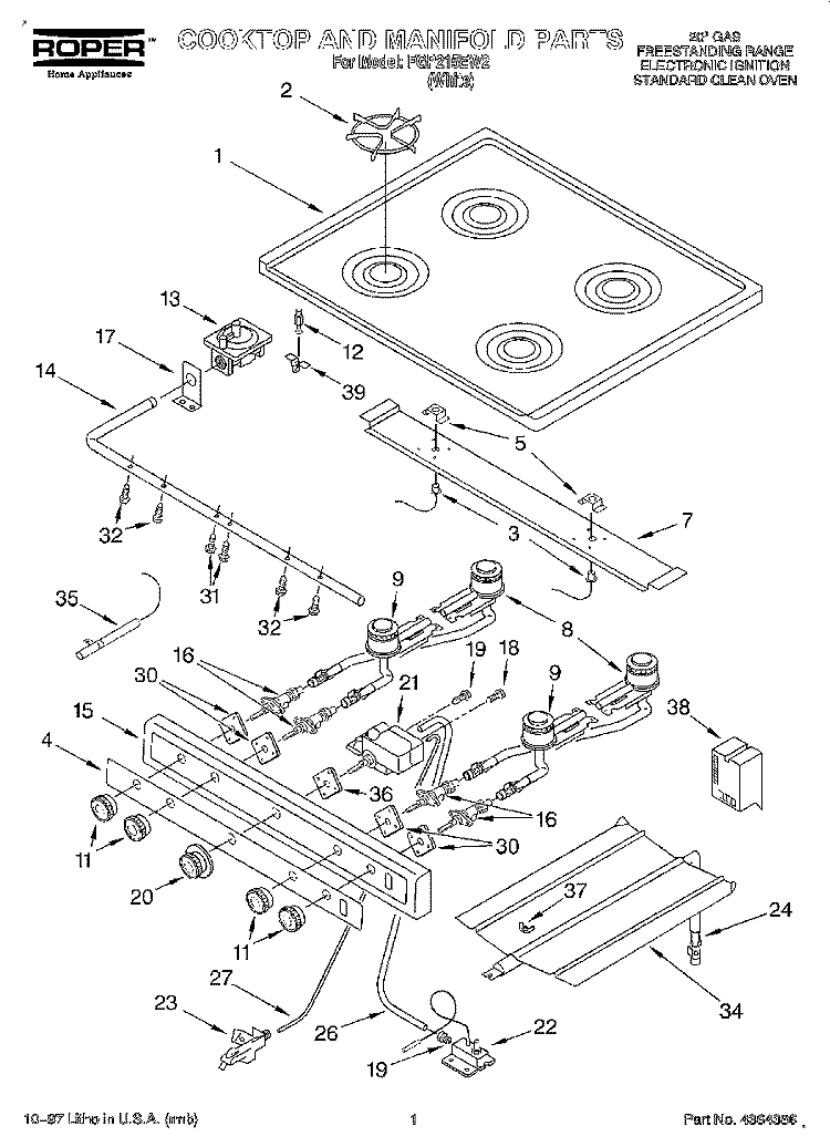 COOKTOP AND MANIFOLD Diagram and Parts List for FGP215EW2  Roper Range