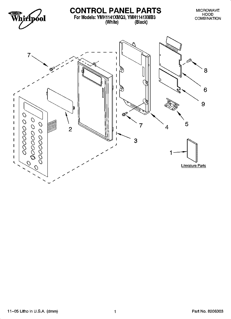 CONTROL PANEL PARTS Diagram and Parts List for YMH1141XMB3  Whirlpool Microwave