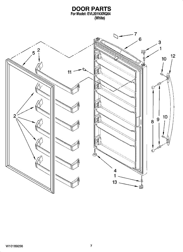 DOOR PARTS, OPTIONAL PARTS (NOT INCLUDED) Diagram and Parts List for EVL201NXRQ04  Whirlpool Freezer
