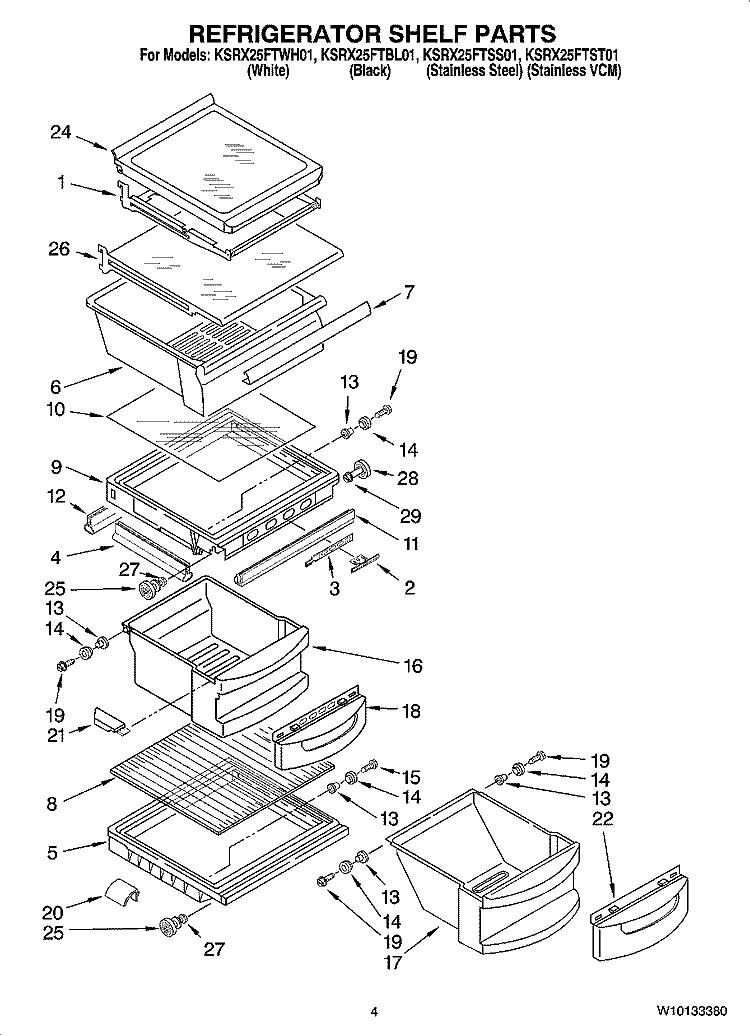 REFRIGERATOR SHELF PARTS Diagram and Parts List for KSRX25FTSS01  KitchenAid Refrigerator