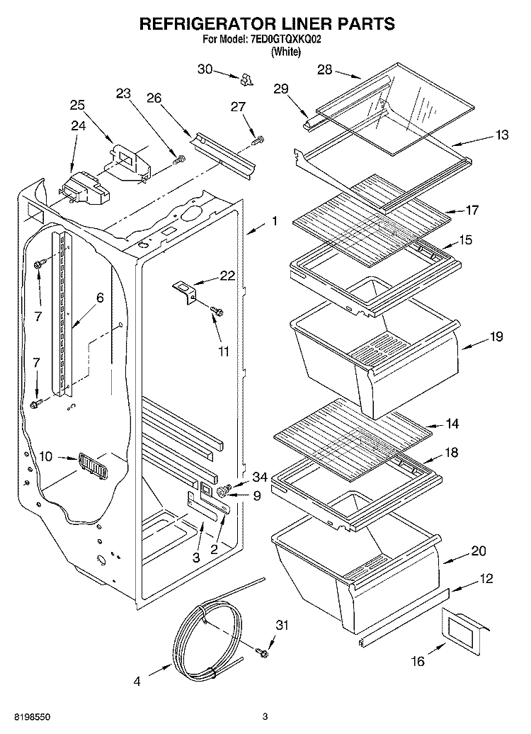 REFRIGERATOR LINER PARTS Diagram and Parts List for 7ED0GTQXKQ02  Whirlpool Refrigerator