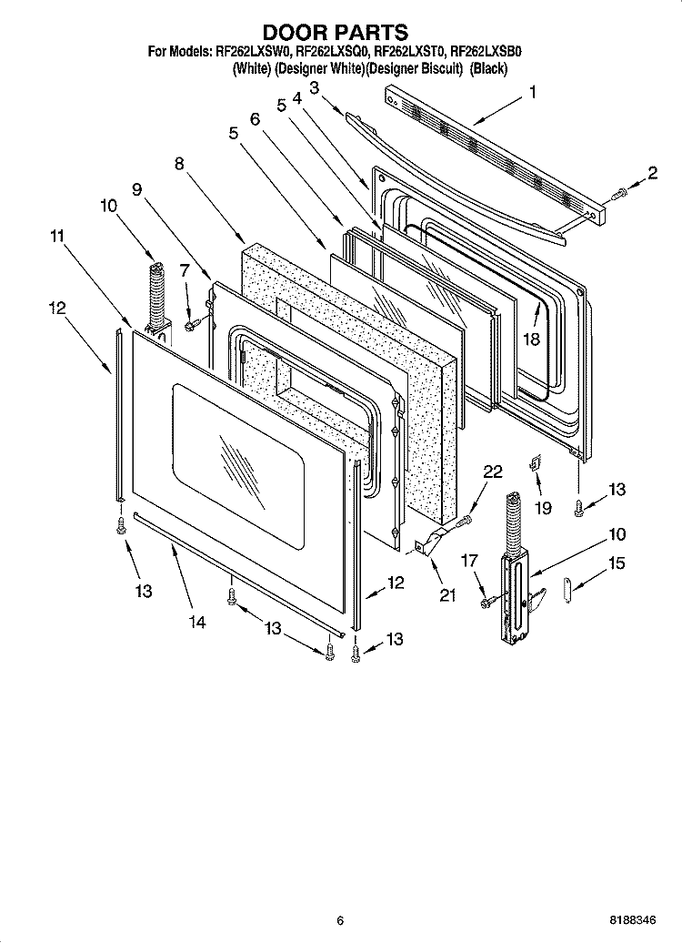 DOOR PARTS, OPTIONAL PARTS (NOT INCLUDED) Diagram and Parts List for RF262LXSB0  Whirlpool Range
