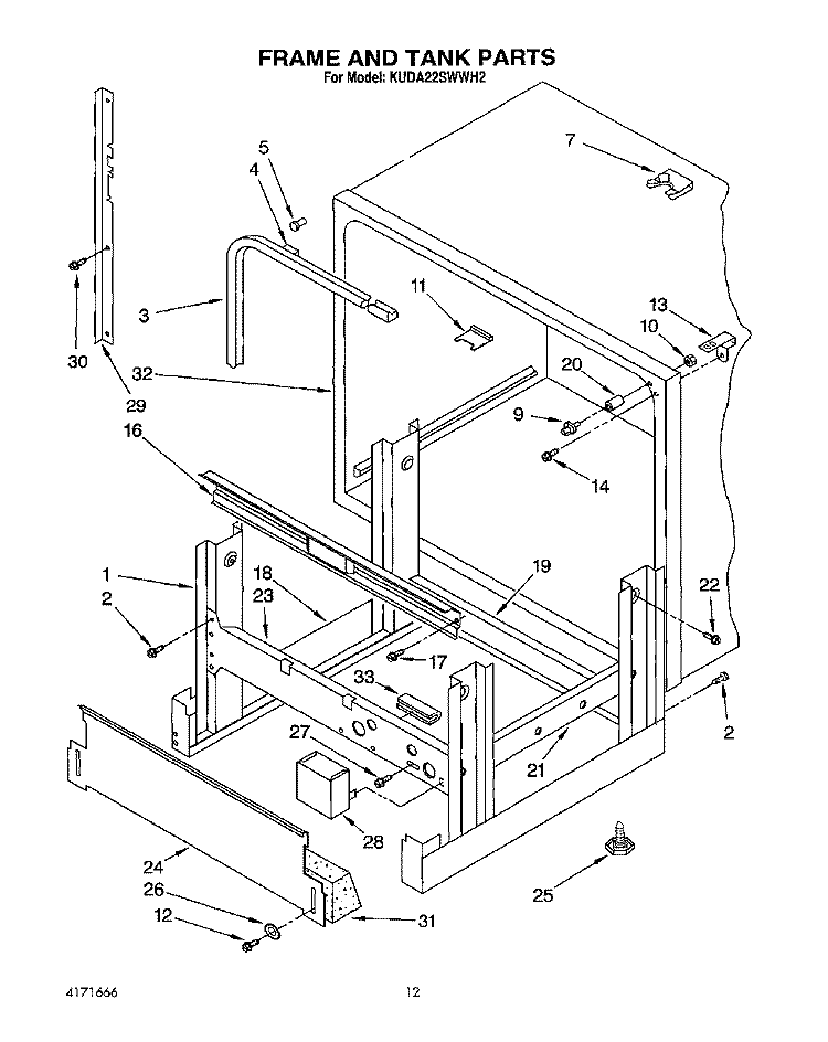 FRAME AND TANK Diagram and Parts List for KUDA22SWWH2  KitchenAid Dishwasher
