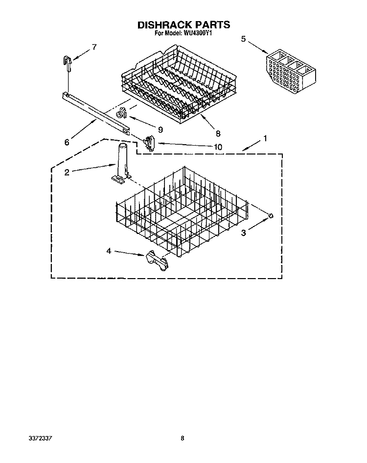 DISHRACK Diagram and Parts List for WU4300Y1  Roper Dishwasher