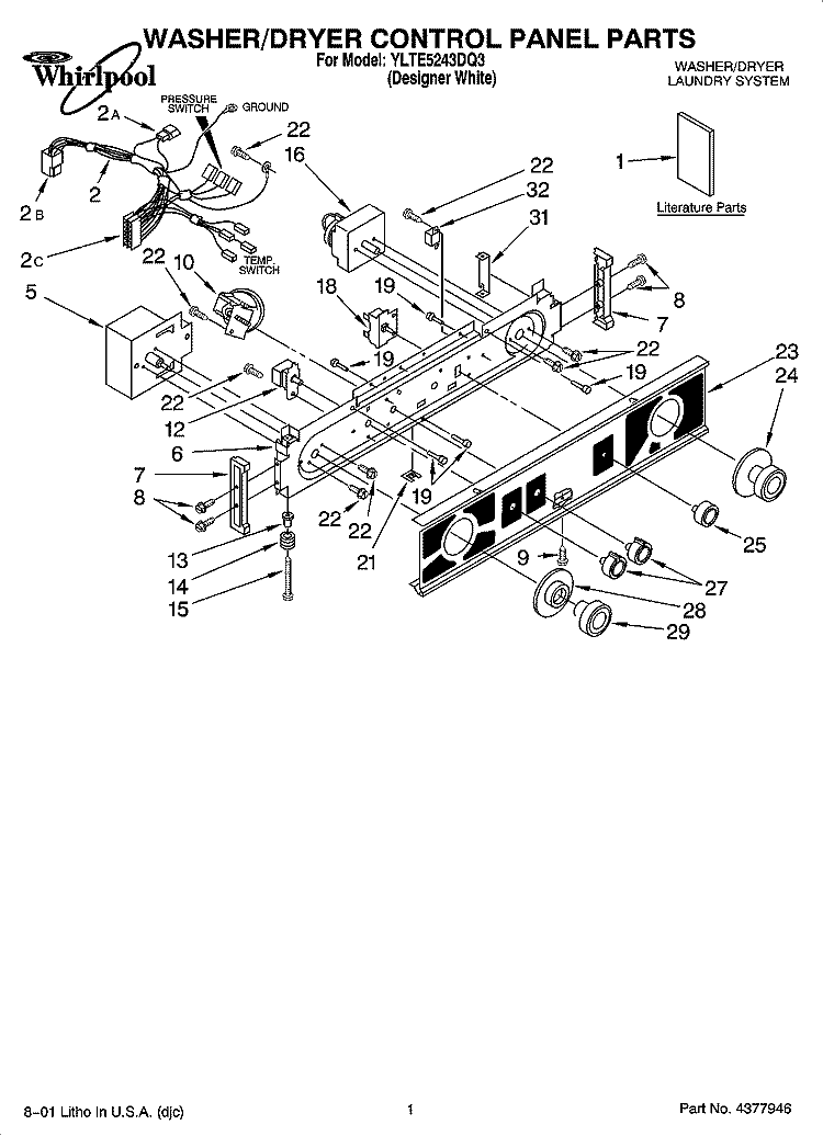 WASHER/DRYER CONTROL PANEL PARTS Diagram and Parts List for YLTE5243DQ3  Whirlpool Washer Dryer Combo