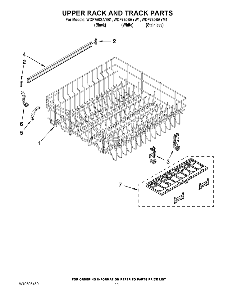 UPPER RACK AND TRACK PARTS Diagram and Parts List for WDF750SAYW1  Whirlpool Dishwasher