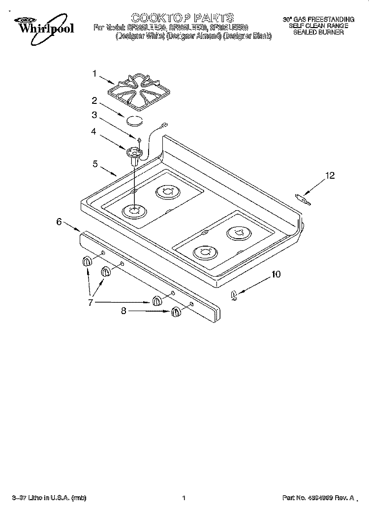 COOKTOP Diagram and Parts List for SF395LEEB0  Whirlpool Range