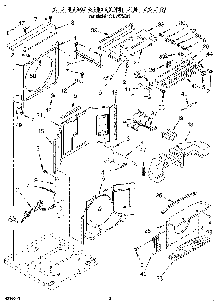 AIRFLOW AND CONTROL Diagram and Parts List for ACU124XD1  Whirlpool Air Conditioner