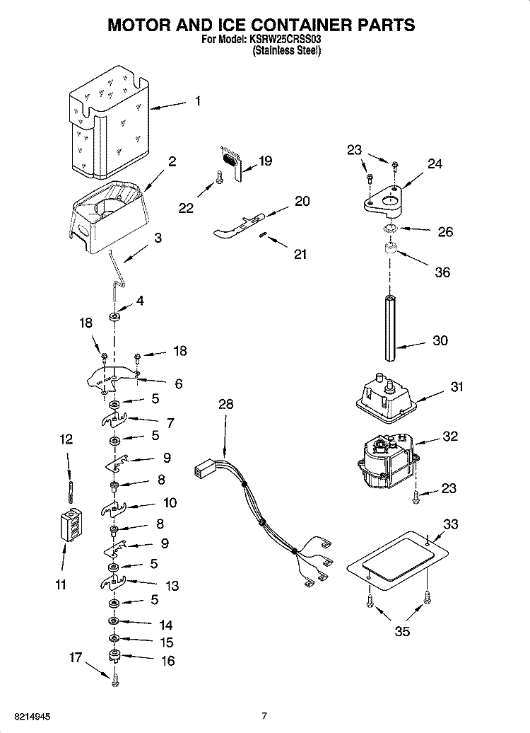 MOTOR AND ICE CONTAINER PARTS Diagram and Parts List for KSRW25CRSS03  KitchenAid Refrigerator