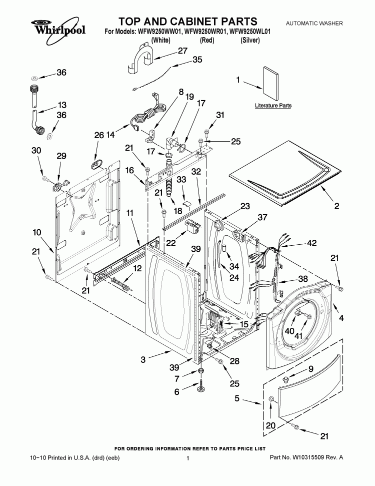 TOP AND CABINET PARTS Diagram and Parts List for WFW9250WL01  Whirlpool Washer