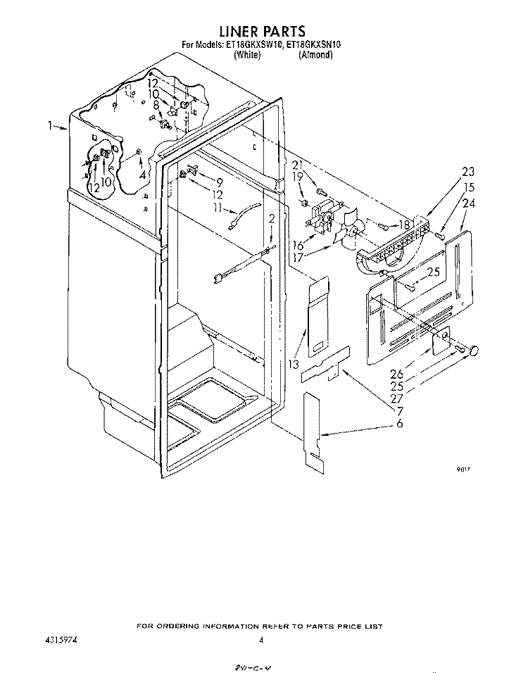 LINER Diagram and Parts List for ET18GKXSW10  Whirlpool Refrigerator