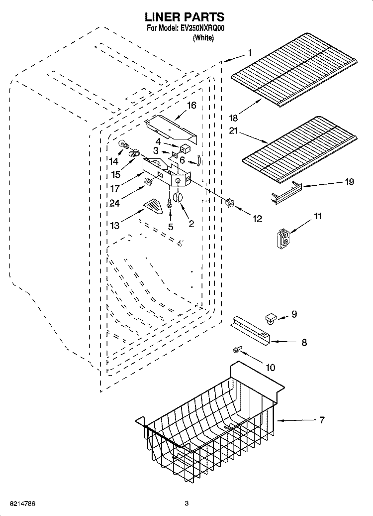 LINER PARTS Diagram and Parts List for EV250NXRQ00  Whirlpool Freezer
