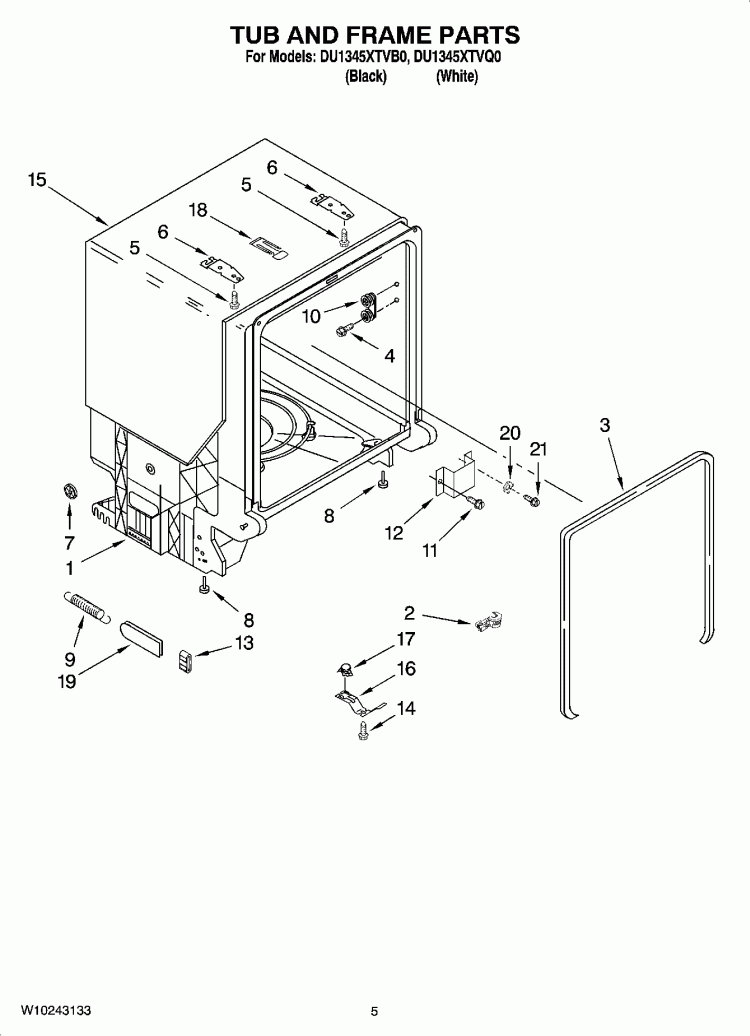 TUB AND FRAME PARTS Diagram and Parts List for DU1345XTVB0  Whirlpool Dishwasher