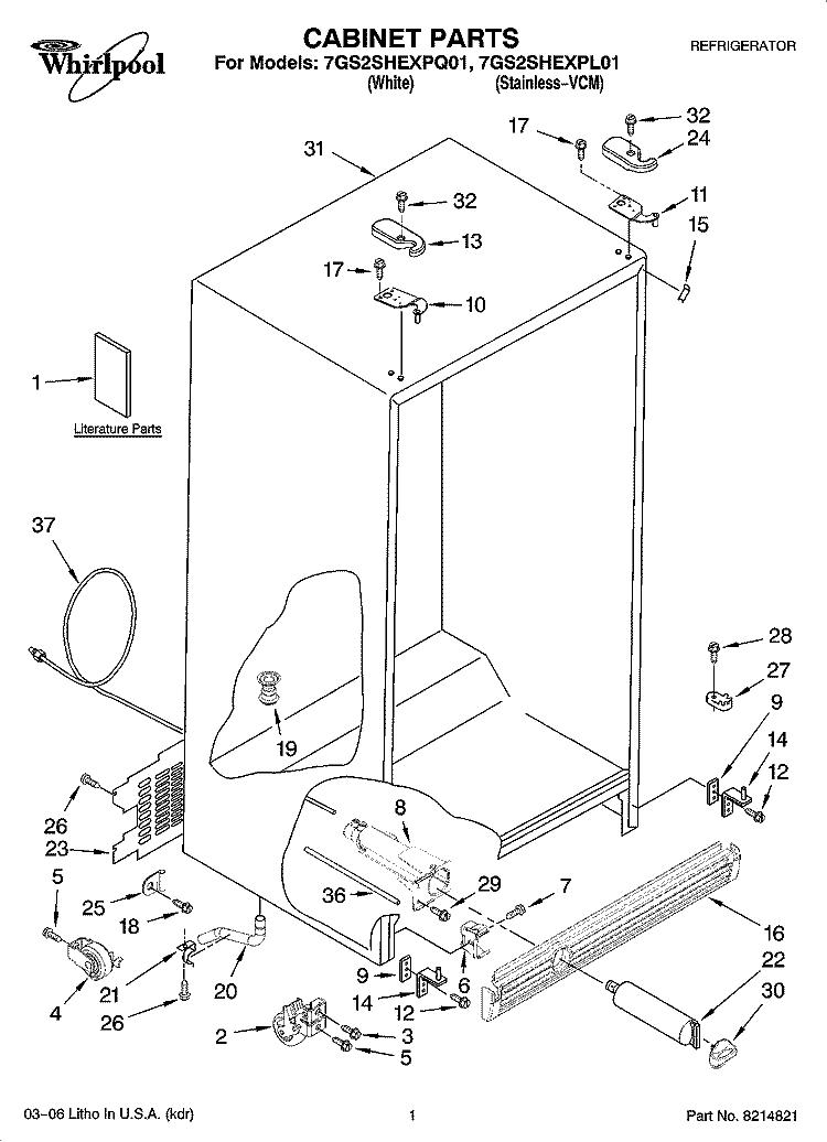 CABINET PARTS Diagram and Parts List for 7GS2SHEXPL01  Whirlpool Refrigerator