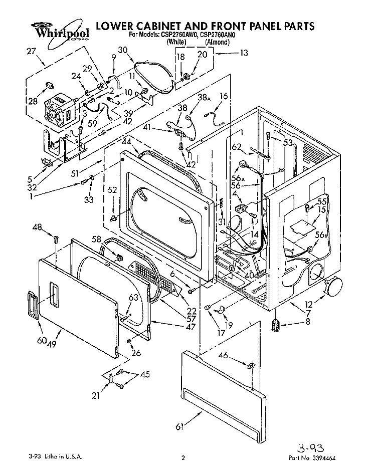 LOWER CABINET AND FRONT PANEL Diagram and Parts List for CSP2760AN0  Whirlpool Dryer