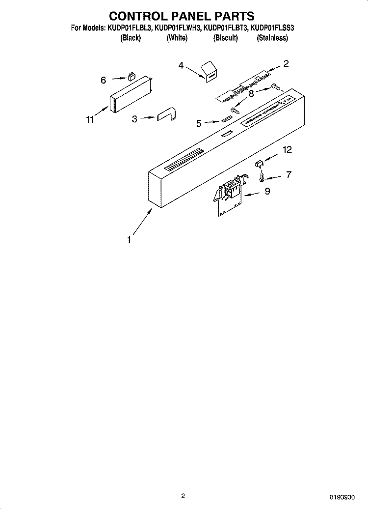 CONTROL PANEL PARTS Diagram and Parts List for KUDP01FLBL3  KitchenAid Dishwasher