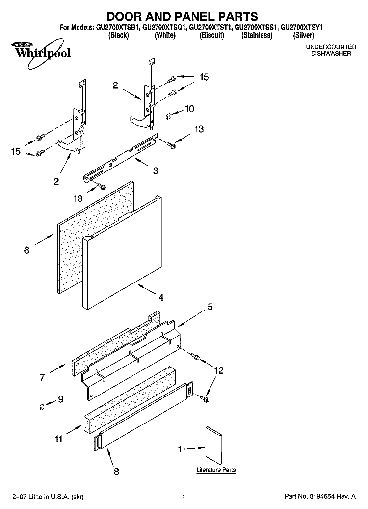 DOOR AND PANEL PARTS Diagram and Parts List for GU2700XTSQ1  Whirlpool Dishwasher