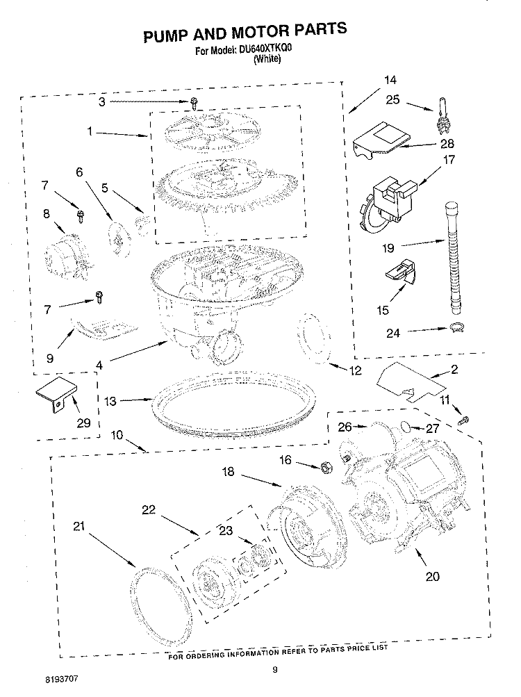 PUMP AND MOTOR Diagram and Parts List for DU640XTKQ0  Whirlpool Dishwasher